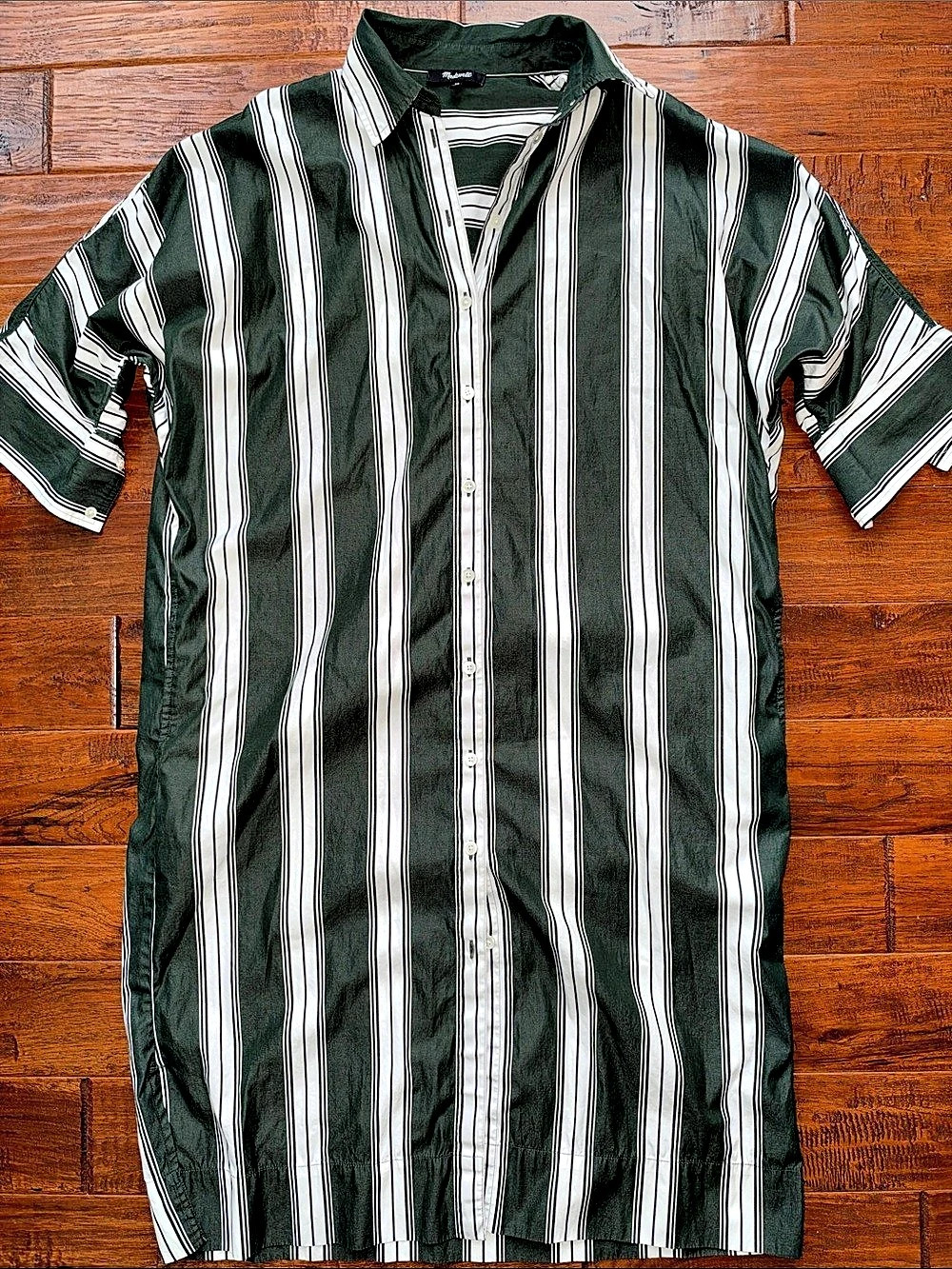 Madewell Doleman Midi Shirt Dress in Green & White Poplin, Size XS